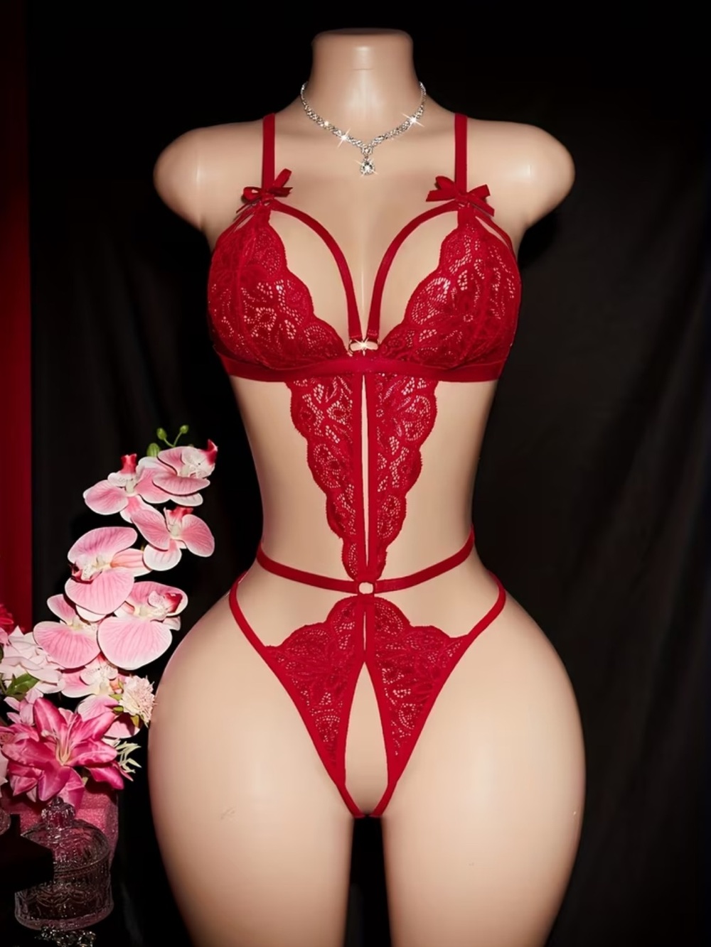Red Lace Strappy Lingerie Bodysuit - nwt